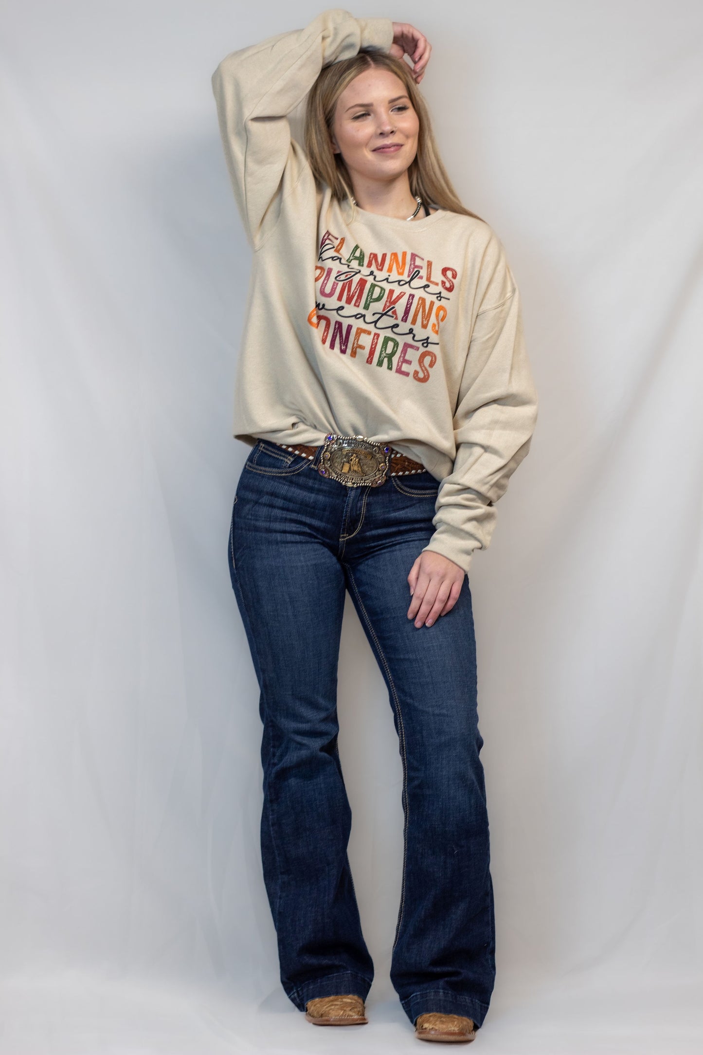 Large Flannels/Hayrides/Pumpkin/Sweaters/Bonfires Crewneck