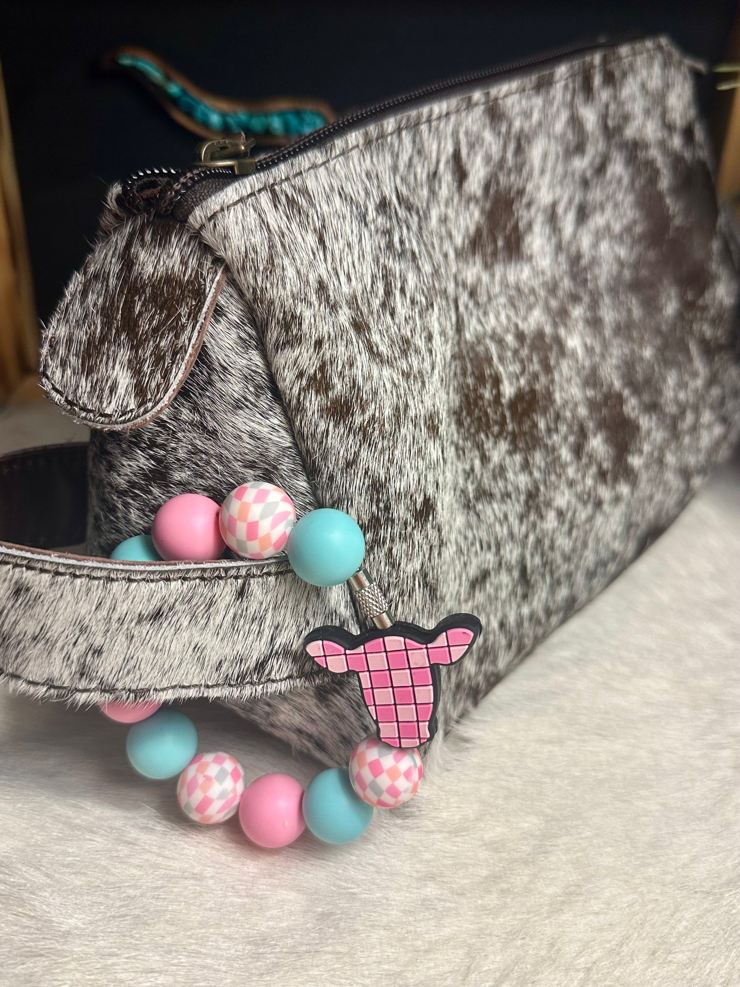 Pink Checkered Cow Cup/bag Charm